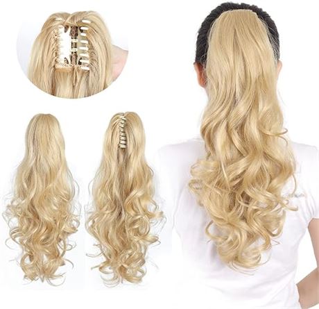 Claw Clip the Ponytail Extensions Pale Blonde Synthetic 20 Inch Long Wavy Curly
