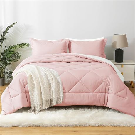 Queen Size - JOLLYVOGUE Pink/Ivory Reversible Comforter Set, 3 Pieces