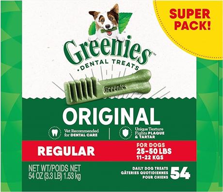 (54 Treats) 54oz. Pack GREENIES Adult Dog Treats Original REGULAR Natural Dental