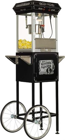 FunTime Sideshow Popper 4-Ounce Hot Oil Popcorn Machine with Cart, Black/Silver