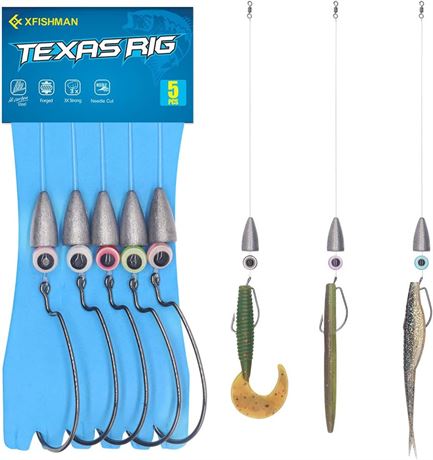 4 Hooks, 5 Pcs - Texas-Rigs-for-Bass-Fishing-Leaders-with-Weights-Hooks-Rigged