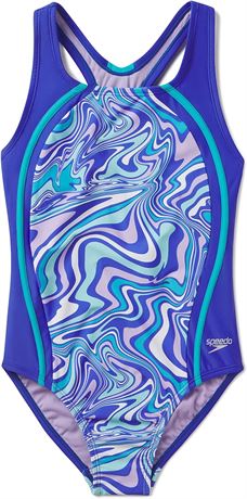 Size 10 Speedo Girls Sport Splice Printed One Piece Swimsuit - Dazzling Blue