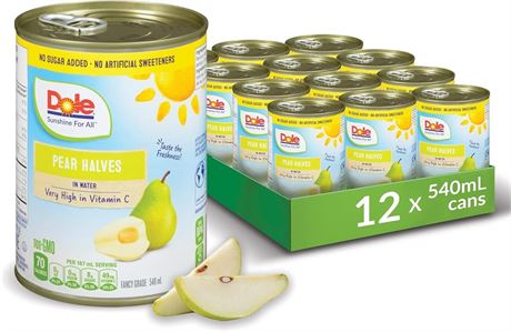 540 ml, 12 Count - Dole Canned Fruit, Pear Halves in Water, Non-GMO