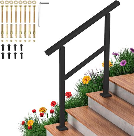 Aatrixkit Handrails for Outdoor Steps, 3 Steps Stair Railing, Black Wrought Iron