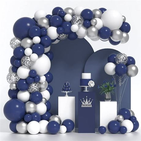 Navy Blue Silver Balloons Arch Kit 132 PCS Navy Blue Balloon Garland With White