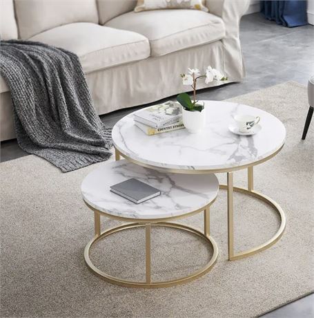 MCombo Modern Round Nesting Coffee Table Set of 2 for Living Room Faux Marble