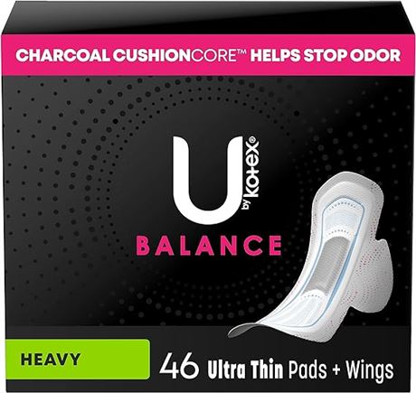 U by Kotex Balance Ultra Thin Pads with Wings, Heavy Absorbency, 46 Count