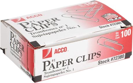 ACCO Smooth Paper Clips, Size No.1, Silver, 100/Box