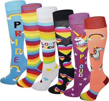 Size: 9-11: 6 Pairs Women's Fancy Design Colorful Patterned Knee High Socks