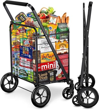 Shopping Cart, Upgrade Dense Grid Bottom Folding Cart with 360° Rolling
