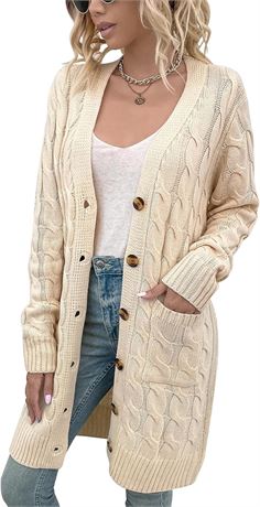 MED - disi Womens Cardigan Long Sleeve Cable Knit Sweater Open Front