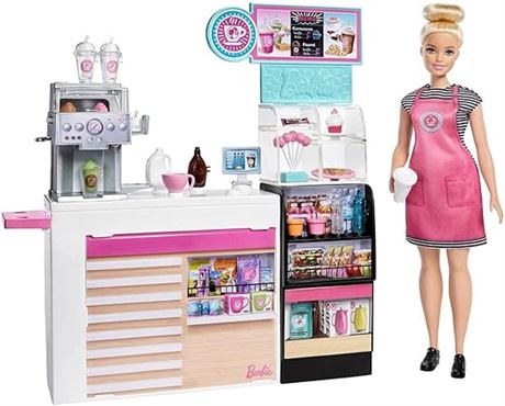 Barbie Coffee Shop with 12-in/30.40-cm Blonde Curvy Doll and 20+ Realistic Play