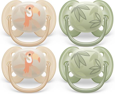 Philips Avent Ultra Soft Pacifier 0-6m, Toucan/Green Leaves, 4 pack SCF091/24