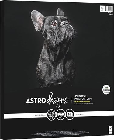 Astrodesigns Crafting Cardstock, 12" x 12", 65 lb/176 GSM, Very Black, 60 Sheets