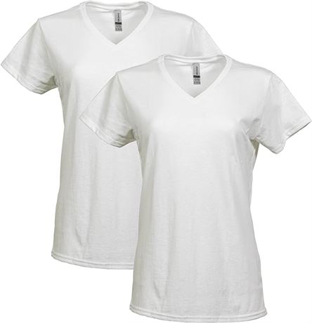 XL - Gildan Womens Heavy Cotton V-Neck T-Shirt, 2-Pack, White