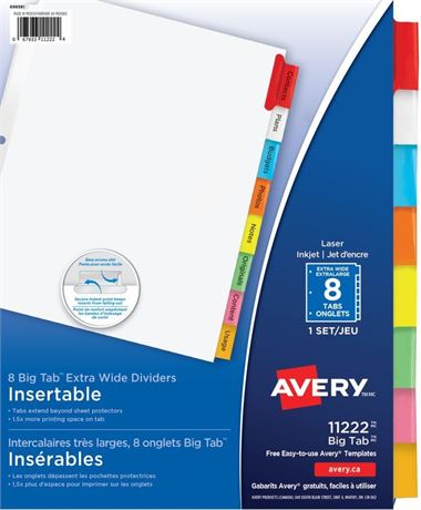 Avery Big Tab Insertable Dividers for 3 Ring Binders, 9" x 11", 8 tabs