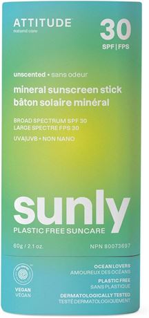 ATTITUDE Mineral Sunscreen Stick with Zinc Oxide, SPF 30, EWG Verified, Plastic