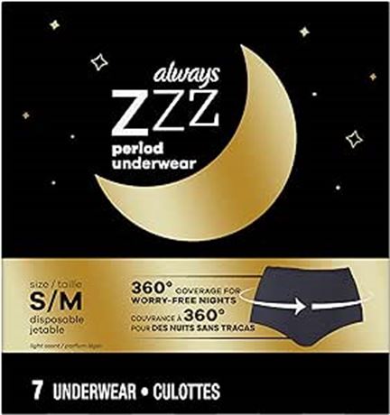 7 Count Always, ZZZs Overnight Disposable Period Underwear For Women, Small/Med