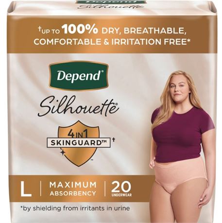 Large, Pink, 20 Count Depend Silhouette Adult Incontinence Underwear for Women
