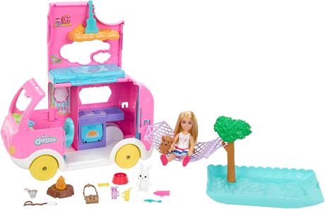 Barbie Camper, Chelsea 2-in-1 Playset with Small Doll, 2 Pets & 15 Accessories
