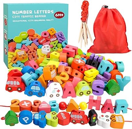 LITTLEFUN Preschool Montessori Wooden Threading Toys with Animals Fruits Number