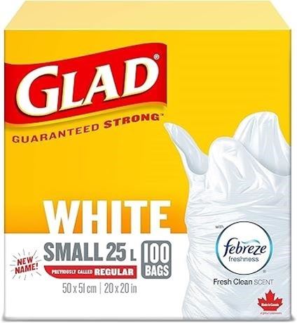 Glad White Garbage Bags - Small 25 Litres - Febreze Fresh Clean Scent, 100 Bags