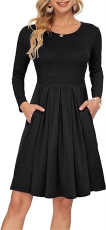XL - AUSELILY Women's Long Sleeve Pleated Loose Swing Casual Dress with Pockets