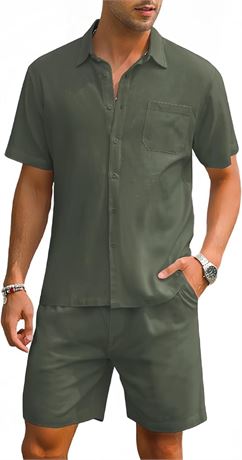 XL - EISHOPEER Men Linen Outfits Sets Casual Short Sleeve Button Down Shirts