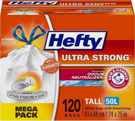 120ct Hefty Garbage Bags, Ultra Strong Tall 50 Litres White, Drawstring