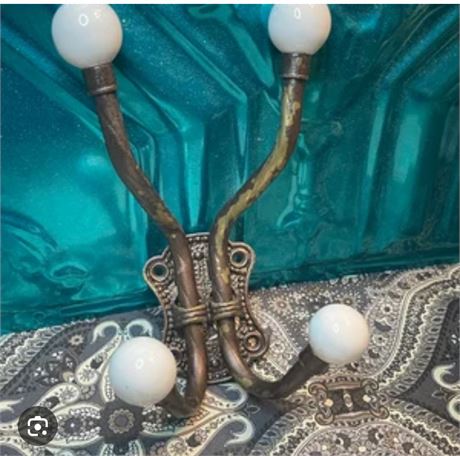 Vintage Antique Brass & Porcelain Coat Hook