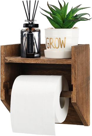 Rustic Wood Toilet Paper Holder with Shelf, Wall Mounted Tissue Roll Holder