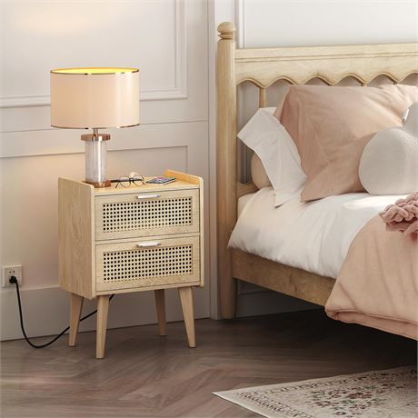 Nightstand , Furniture with Drawer, Rattan Side Table