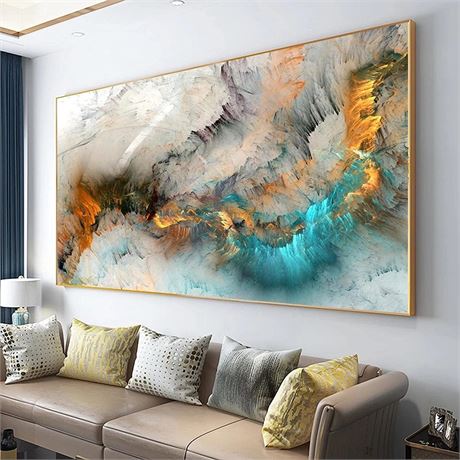 60"x28" Framed wall art Light Gray Blue Yellow Cloud Abstract Canvas Frames