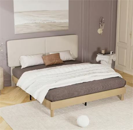 Queen, Upholstered Bed Frame with Linen Fabric Headboard, Strong Wood Slats