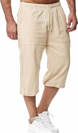 XL - HangNiFang Men's Long Linen Shorts Below Knee Pocketed 3/4 Summer Drawstrin