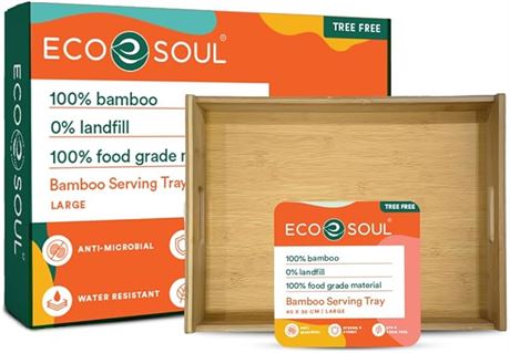 12' x 16', ECO SOUL Organic Bamboo Wooden Serving Tray w/ Handles