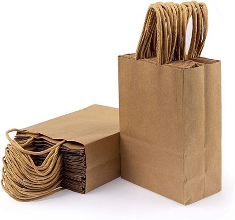 100Pcs Gift Bags 5.25" x 3.15" x 8" Brown Paper Bags with Handles Bulk