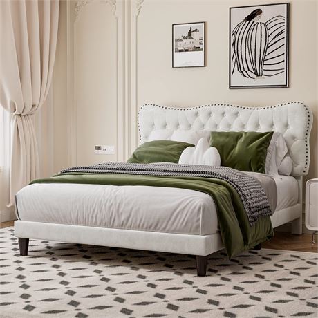 Queen Size Bed Frame, Suede Fabric Upholstered Platform Bed Frame