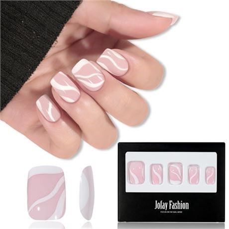 Jofay Fashion Fake Nails with Pink White Swirl Designs, Reusable Acrylic False N