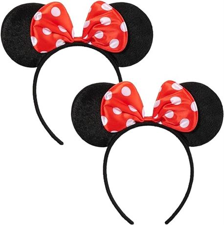 Mouse Ears Headband Set of 2, Solid Black Ear & Red Bow with Polka Dots