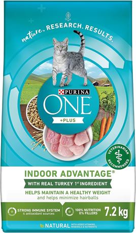 7.2 kg Purina ONE +Plus Dry Cat Food, Indoor Advantage Turkey Bag