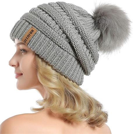 O/S Queenfur Knit Slouchy Beanie for Women Thick Baggy Hat Faux Fur Pompom