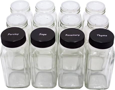 U-Pack 12 pieces of French Square Glass Spice Bottles 6 oz Spice Jars with Black