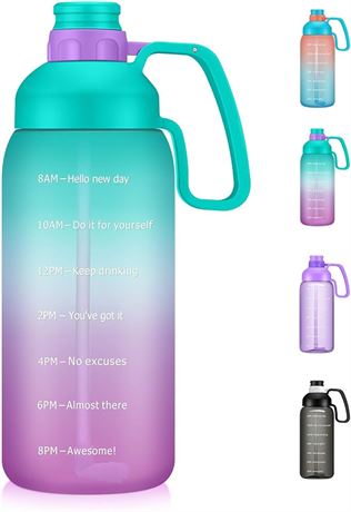 Half Gallon Motivational Water Bottle with Straw and Time Marker, 64oz Wide Mout