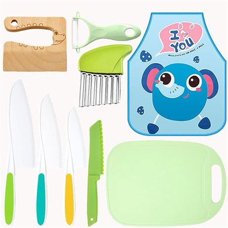 9pcs Montessori Kitchen Tools for Toddlers, Serrated Edges Wooden Kids Set