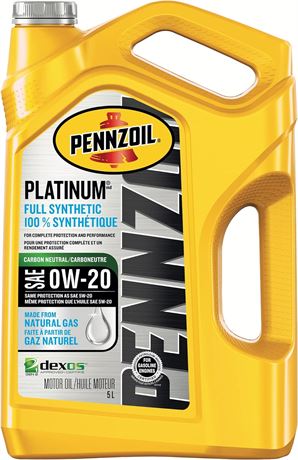 Pennzoil Platinum Full Synthetic 0W-20 Motor Oil (5L, Single)