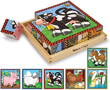 Melissa & Doug Farm Wooden Cube Puzzle with Storage Tray - 6 Puzzles in 1