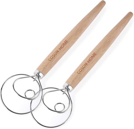 Pack of 2 Danish Dough Whisk Wooden Handle Mixer Bread Baking Tools for Cake