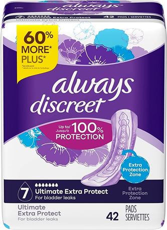 42 count,Always Discreet, Incontinence & Postpartum Pads For Women, Size 7 Drops