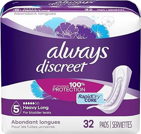 32pack Always Discreet, Incontinence & Postpartum Pads For Women, Size 5 Drops